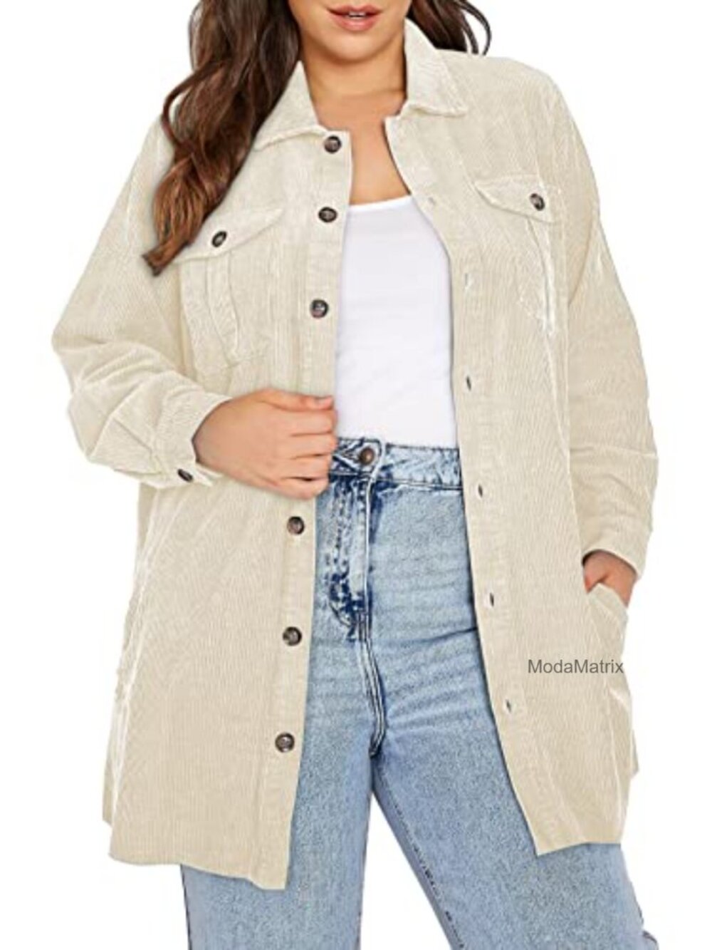 Plus Size Corduroy Shacket Long Sleeve Button Down Jacket